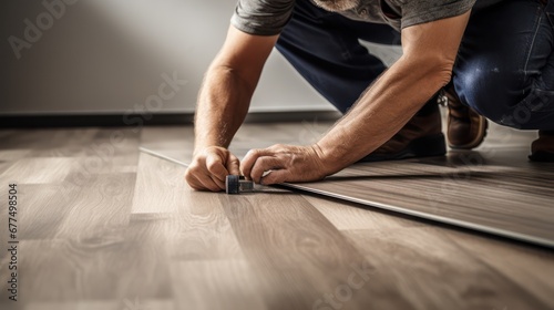 A Construction worker installing laminate flooring, room decoration design, professional technician, laminate background.