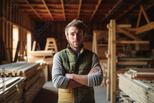 Portrait of a Caucasian young adult carpenter standing in a workshop with his hands folded looking at camera