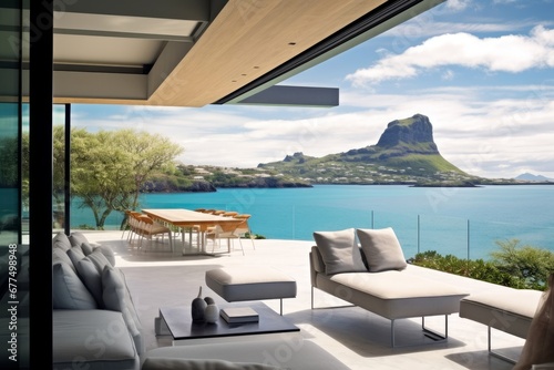 Terrace in modern house with panoramic opened windows and stunning view to blue lagoon and rock. Generative AI © Snapshot Lens