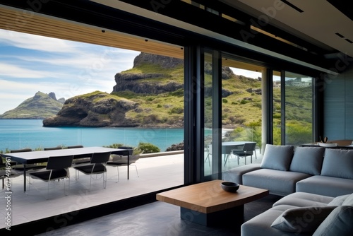 Terrace in modern house with panoramic opened windows and stunning view to blue lagoon and rock. Generative AI