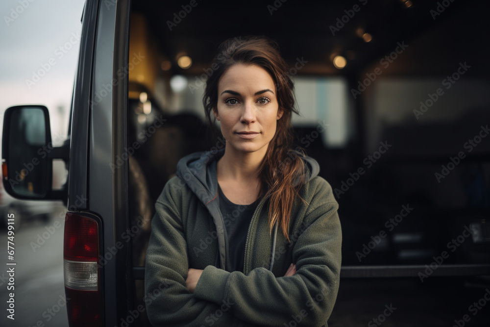 Portrait of a woman in front of delivery van with crossed arms Portrait of a woman in front of delivery van with crossed arms
