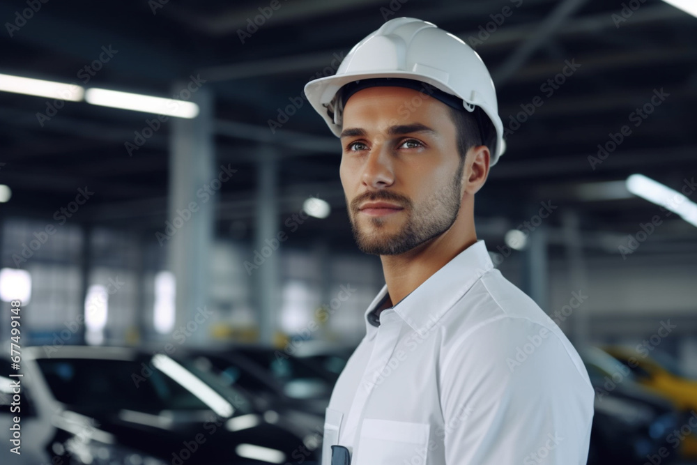 Portrait of a Young Handsome Confident Engineer Wearing White Hard Hat in Office at Car Assembly Plant, Industrial Specialist Working on Vehicle Production in Modern Factory, Side Profile Face View Portrait of a Young Handsome Confident Engineer Wearing White Hard Hat in Office at Car Assembly Plant, Industrial Specialist Working on Vehicle Production in Modern Factory, Side Profile Face View
