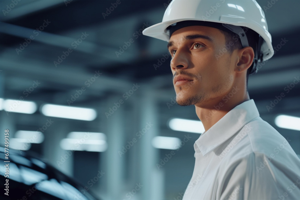 Portrait of a Young Handsome Confident Engineer Wearing White Hard Hat in Office at Car Assembly Plant, Industrial Specialist Working on Vehicle Production in Modern Factory, Side Profile Face View Portrait of a Young Handsome Confident Engineer Wearing White Hard Hat in Office at Car Assembly Plant, Industrial Specialist Working on Vehicle Production in Modern Factory, Side Profile Face View