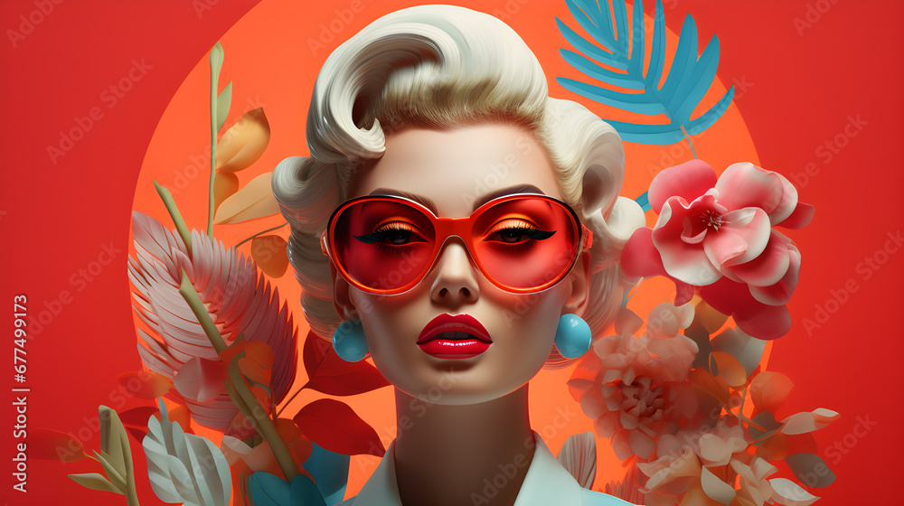Young woman wearing fashion glasses collage art surreal vintage retro style. Generative ai