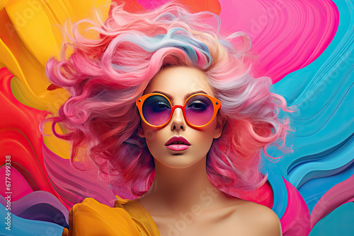 Pretty girl with colorful hair isolated on colorful background