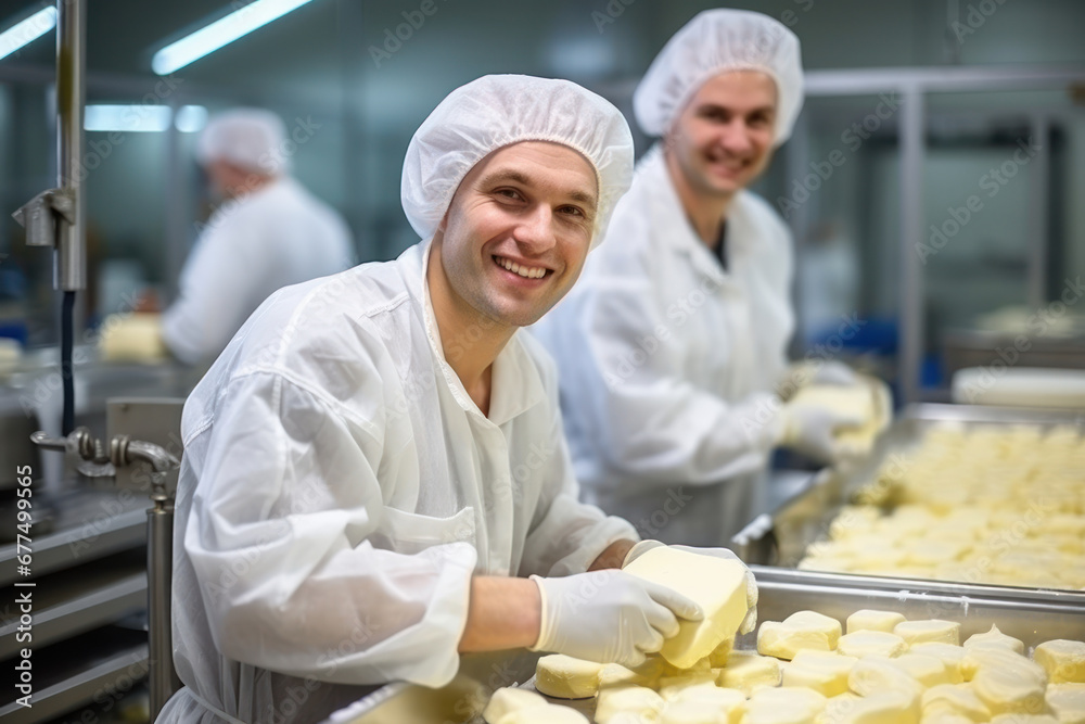 Photo of a couple cooking together in a modern kitchen. Industrial cheese production plant. Modern technologies. Production of different types of cheese at the factory. Photo of a couple cooking together in a modern kitchen. Industrial cheese production plant. Modern technologies. Production of different types of cheese at the factory.