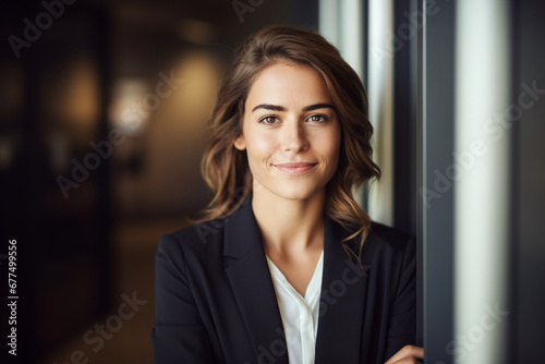 Portrait of Friendly relaxed young businesswoman leaning against an interior office wall smiling at camera with lateral copy space