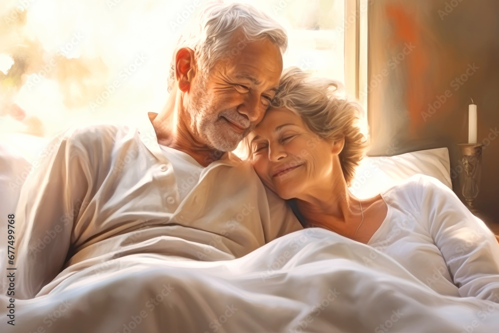 Love lives forever. Senior couple at home. Handsome old man and attractive old woman are enjoying spending time together while lying in bed. Love lives forever. Senior couple at home. Handsome old man and attractive old woman are enjoying spending time together while lying in bed.