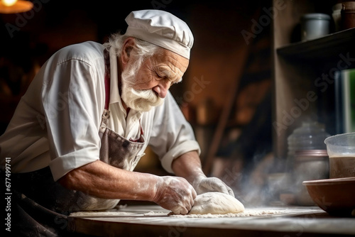 An elderly male baker prepares dough for bread in the kitchen. Kneads dough for baking. Homemade bread production. Fresh bakery. Private production.