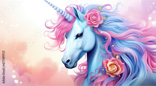 unicorn with her rainbow mane  over white background with pink flowers