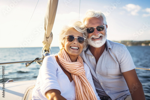 An elderly couple sits in a boat or yacht against the backdrop of the sea. Happy and smiling. They look at the waves and hug. Sea voyage, vacation