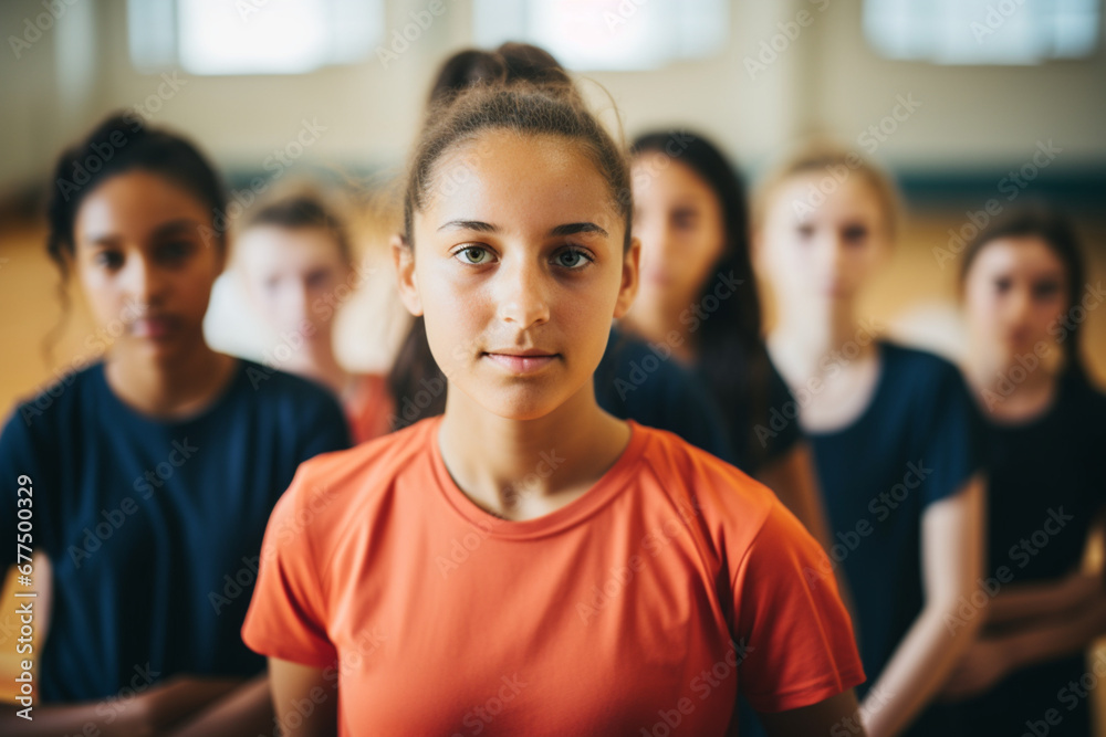 Portrait of woman basketball coach and blurred teenage girls basketball players in the background Portrait of woman basketball coach and blurred teenage girls basketball players in the background