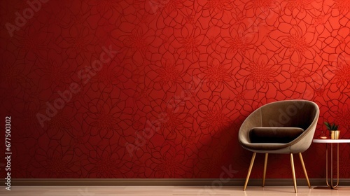 Red or gold wallpaper with floral designs.