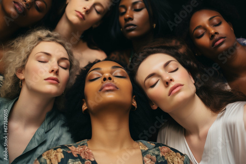 Portrait of Women, natural beauty and diversity with eyes closed in studio for self love, wellness or healthy skincare, community or support, Different female group of models