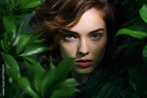 portrait of young beautiful woman on green leafs back