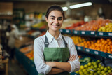 Portrait young woman worker seller in a Vegetable section supermarket standing in arms crossed, greengrocer female looking at camera in fruit shop market Employee in a work apron