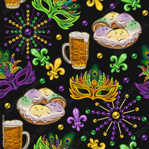 Seamless Mardi Gras pattern with king cake, full glass of beer, beads, masks, trinket, Fleur de Lis sign. Festive holiday design. Vintage illustration for prints, clothing, surface design. Not AI