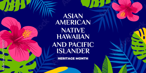 Asian american, native hawaiian and pacific islander heritage month. Vector banner for social media. Illustration with text and hibiscus. Asian Pacific American Heritage Month on blue background. photo