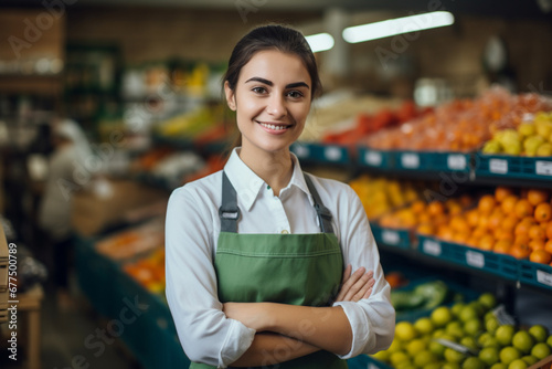 Portrait young woman worker seller in a Vegetable section supermarket standing in arms crossed, greengrocer female looking at camera in fruit shop market Employee in a work apron photo