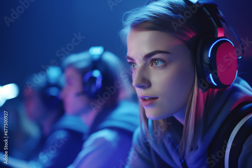 professional Female Gamer Playing Online Video Game on Computer, Close Up Portrait of Young Stylish Woman in Headphones Battling in PvP Tournament with Other Players, Talking with Team on Microphone