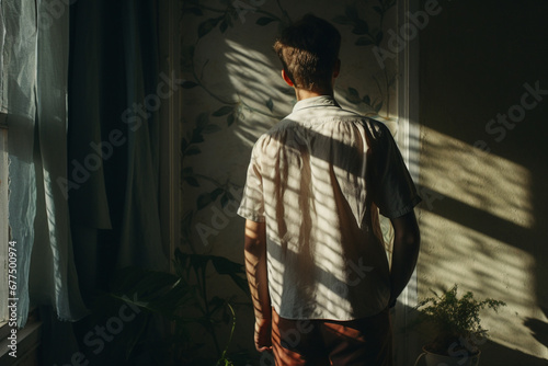 Rear view of adult man standing beside window with sunlight and shadow