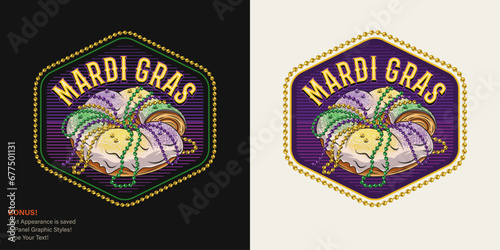Carnival hexagonal Mardi Gras label like signboard with traditional king cake, string of beads, text. For prints, clothing, t shirt, surface design Vintage illustration with editable font style Not AI
