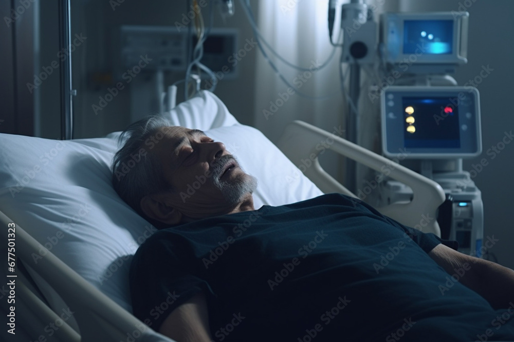 Senior man sleeping in a hospital bed or ICU due to an emergency cancer treatment or surgery, A mature and old male patient or pensioner is sick, ill and recovering in a ward late at night or evening Senior man sleeping in a hospital bed or ICU due to an emergency cancer treatment or surgery, A mature and old male patient or pensioner is sick, ill and recovering in a ward late at night or evening