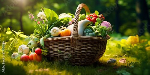 Wicker basket with assorted organic vegetables outdoor. eating healthy food. organic food