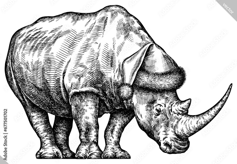 Fototapeta premium Vintage engraving isolated rhinoceros set dressed christmas illustration ink santa costume sketch. Africa background rhino silhouette new year hat art. Black and white hand drawn vector image
