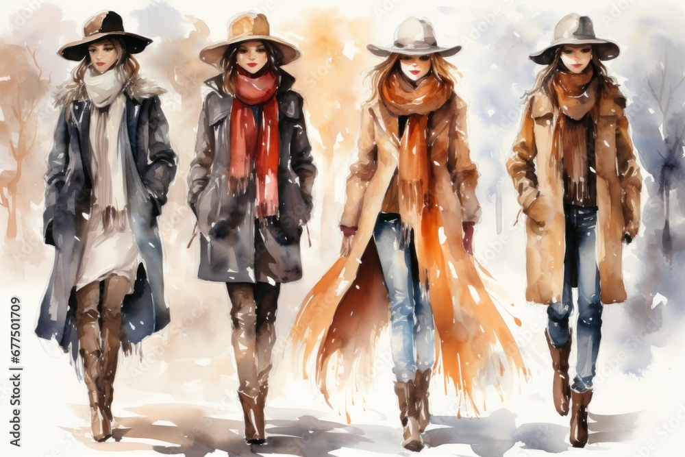 Naklejka premium Winter Fashion: Showcase stylish winter attire, including scarves, hats, and coats. - Generative AI