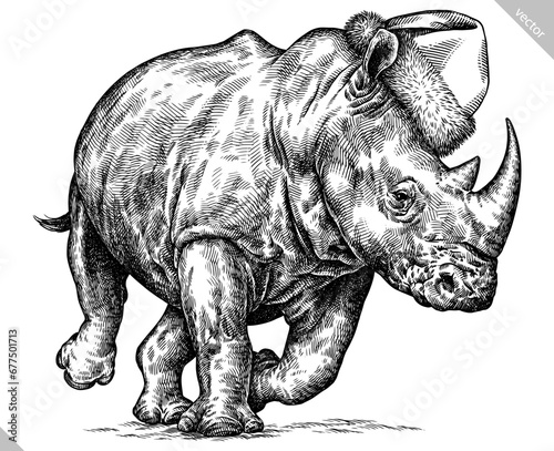Vintage engraving isolated rhinoceros set dressed christmas illustration ink santa costume sketch. Africa background rhino silhouette new year hat art. Black and white hand drawn vector image