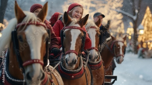 “A horse-drawn carriage ride through a picturesque snowy village, capturing the serene beauty and magic of a winter wonderland.