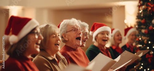 A joyful gathering of Grandma carolers, clad in Santa hats, filling a cozy living room with the melodious tunes of Christmas carols, under the glow of a festive tree.