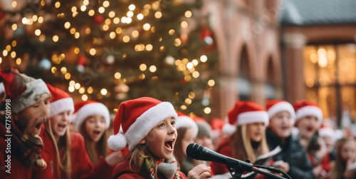 A group of children in Santa hats, delivering a heartwarming performance of Christmas carols in front of a beautifully decorated Christmas tree. photo