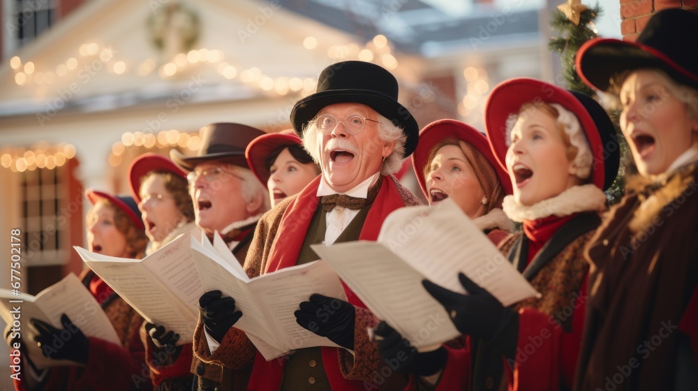 Obraz premium carolers in traditional Christmas attire, serenading a festively decorated house under the soft glow of a street lamp.
