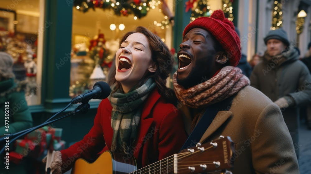 Two carolers singer couples, bundled up in festive attire, performing heartwarming Christmas carols on a bustling street, with a guitar and a microphone. Two carolers singer couples, bundled up in festive attire, performing heartwarming Christmas carols on a bustling street, with a guitar and a microphone.