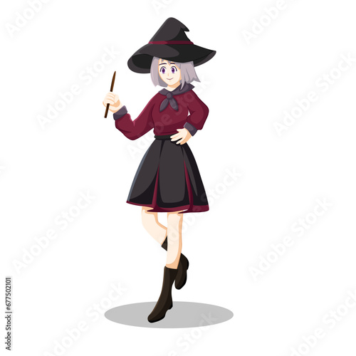 Cute Female Witch Holding Magic Wand Illustration