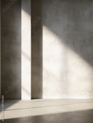 Beautiful sunlight from door cast shadow on blank weathered  grunge texture concrete loft wall  cement floor for modern  minimal interior design  architecture  fashion  beauty  Generative AI