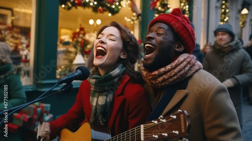 Two carolers singer couples, bundled up in festive attire, performing heartwarming Christmas carols on a bustling street, with a guitar and a microphone.