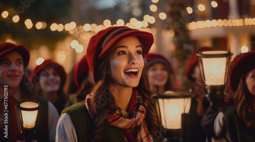 A heartwarming scene of carolers, illuminated by the soft glow of lanterns, filling the winter air with melodious Christmas carols.
