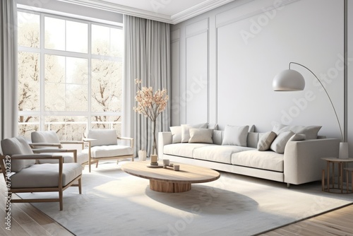 Modern interior design of cozy apartment, living room with white sofa, armchairs. Room with big window. 3d rendering, Generative AI © Snapshot Lens