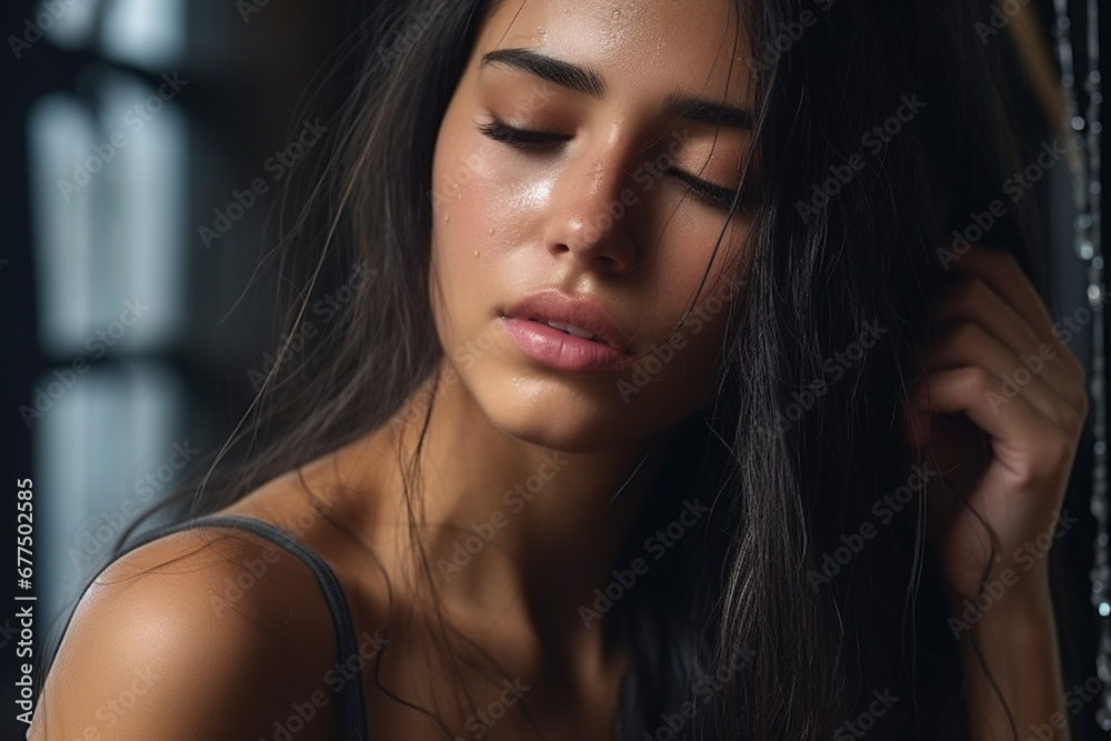 Side view Dramatic close up Portrait of beautiful girl cry Side view Dramatic close up Portrait of beautiful girl cry