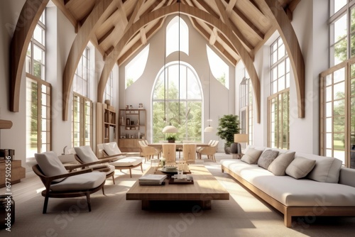 Vaulted cathedral ceiling in house. Interior design of modern living room. Generative AI photo