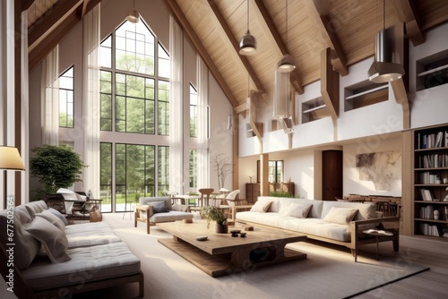 Vaulted cathedral ceiling in house. Interior design of modern living room. Generative AI