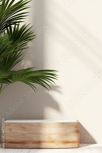 Minimal, natural log wood podium table in sunlight, palm leaf shadow in blank cream white wall for modern luxury beauty, cosmetic, organic, nature, fashion product display background, Generative AI © Snapshot Lens