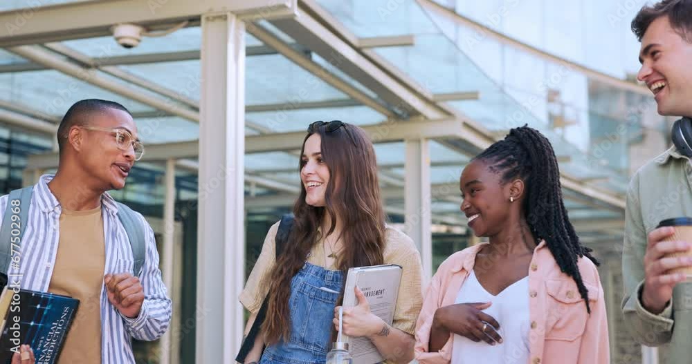 Students walking, happy people and talking about university news, gen z college gossip or scholarship education. Social diversity group, back to school and study friends consulting on campus journey