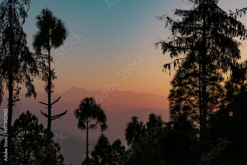 Mist weaves through the Mountain trees, creating an enchanting and mystical atmosphere In Uttarakhand Ekukhet Kumaon 