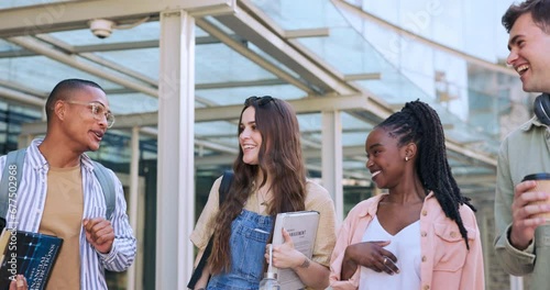 Students walking, happy people and talking about university news, gen z college gossip or scholarship education. Social diversity group, back to school and study friends consulting on campus journey photo