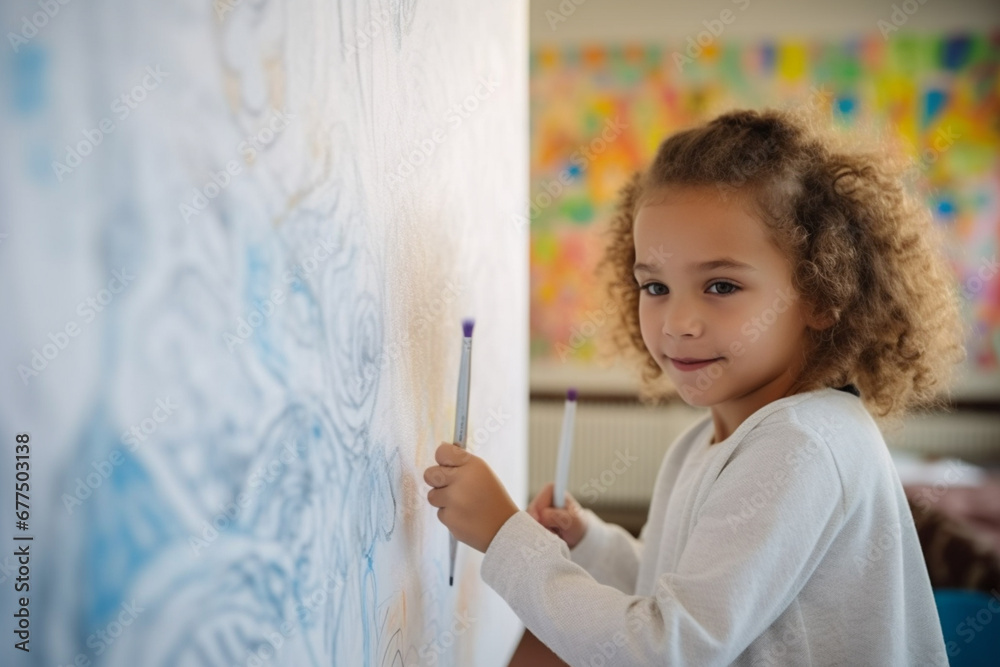 Smiling young girl painting with a felt tip pen on a big white piece of paper on a wall Smiling young girl painting with a felt tip pen on a big white piece of paper on a wall