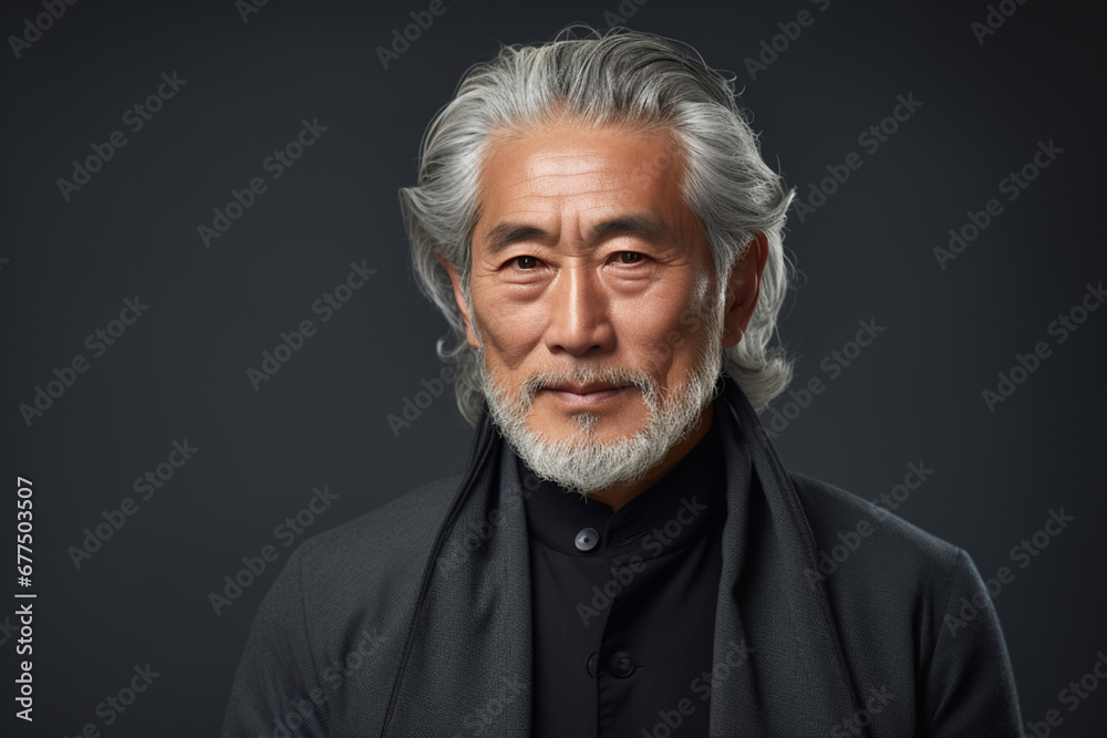 Studio portrait of a real japanese mature man looking at camera with relaxed expression, The man has around 50 years and has grey hair beard